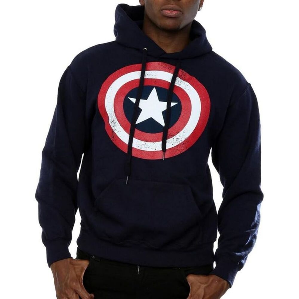 Captain America Mens Distressed Shield Hoodie / Navy Blue